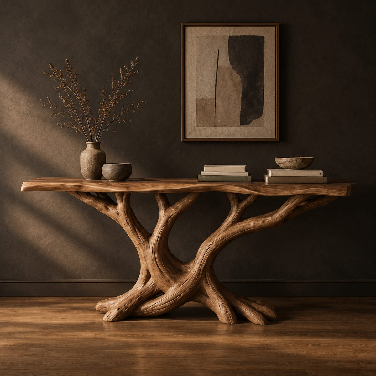 Console table with twisting branch legs, root like feet and a live edge top in a dark studio against a charcoal plaster wall
