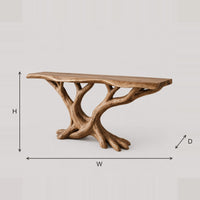 Twisted Branch Base Console Table With Live Edge Top dimension diagram with width, height and depth