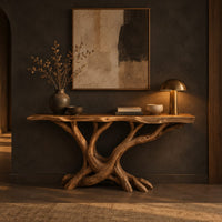 Console table with twisting branch legs, root like feet and a live edge top in a dark entryway at golden hour