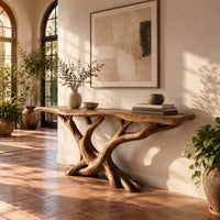 Console table with twisting branch legs, root like feet and a live edge top in a bright entryway with arched windows and plants