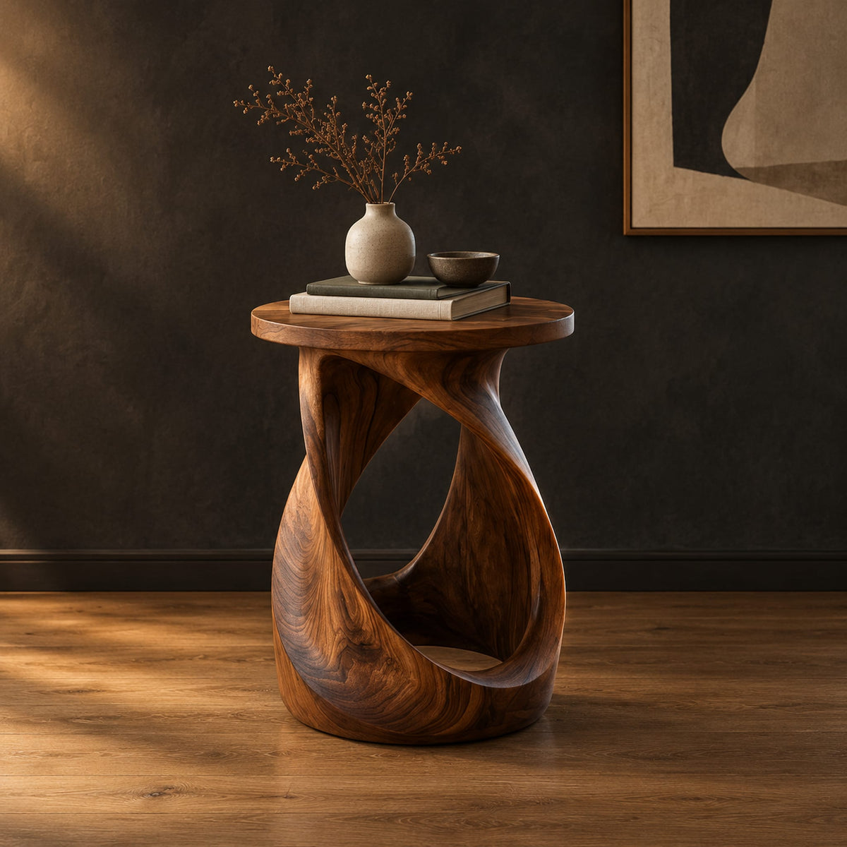 Twisted side table with a circular top and open loop base in a dark studio against a charcoal plaster wall