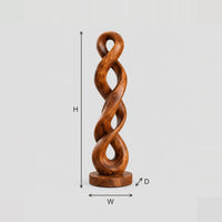 Twisted Double Loop Wood Sculpture With Open Spiral Form dimension diagram with width, height and depth