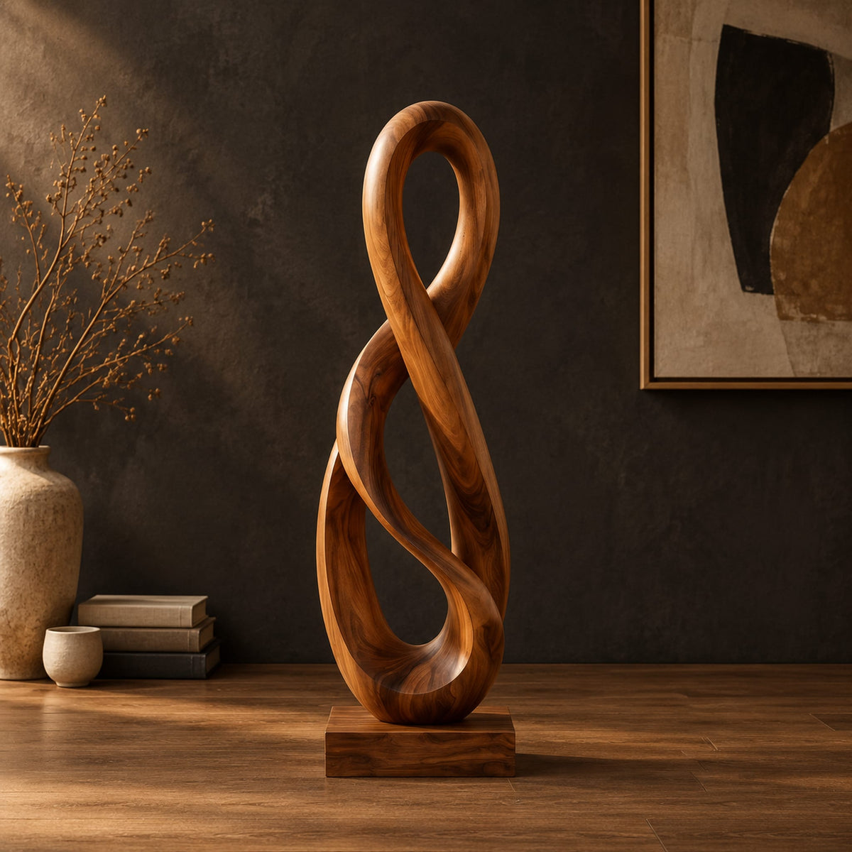 Twisted figure eight wood sculpture with two open loops on a block base in a dark studio against a charcoal plaster wall