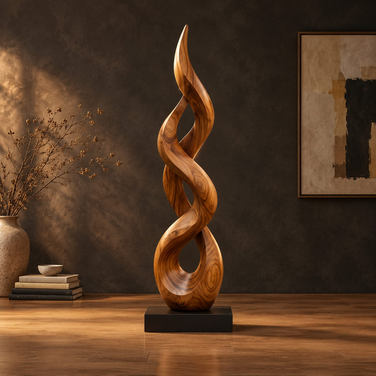 Twisted flame shaped sculpture with open loops rising to a pointed tip in a dark studio against a charcoal plaster wall