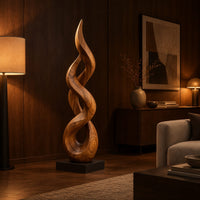 Twisted flame shaped sculpture with open loops rising to a pointed tip in an evening living room with walnut wall paneling