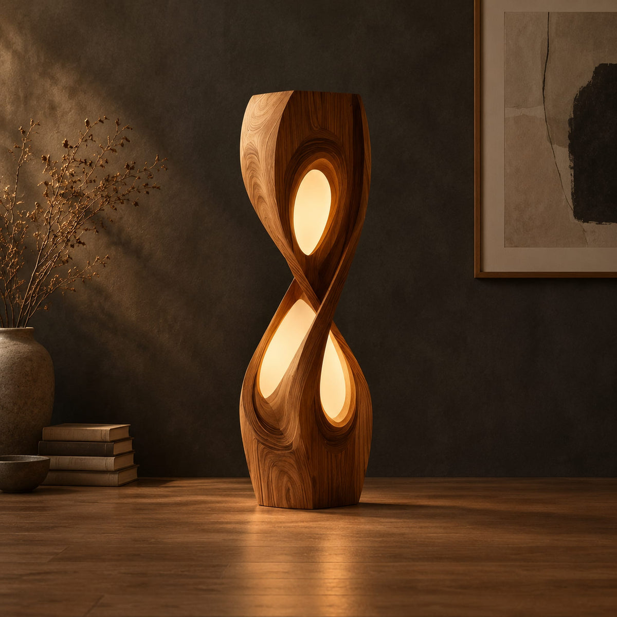 Tall twisted floor lamp with two teardrop openings that glow in a dark studio against a charcoal plaster wall