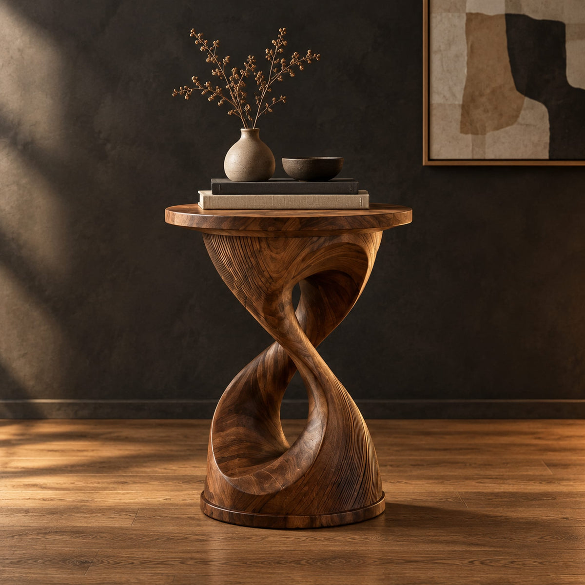 Twisted hourglass side table with a thin flat top and open waist in a dark studio against a charcoal plaster wall