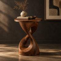 Twisted hourglass side table with a thin flat top and open waist, three-quarter view showing the grain