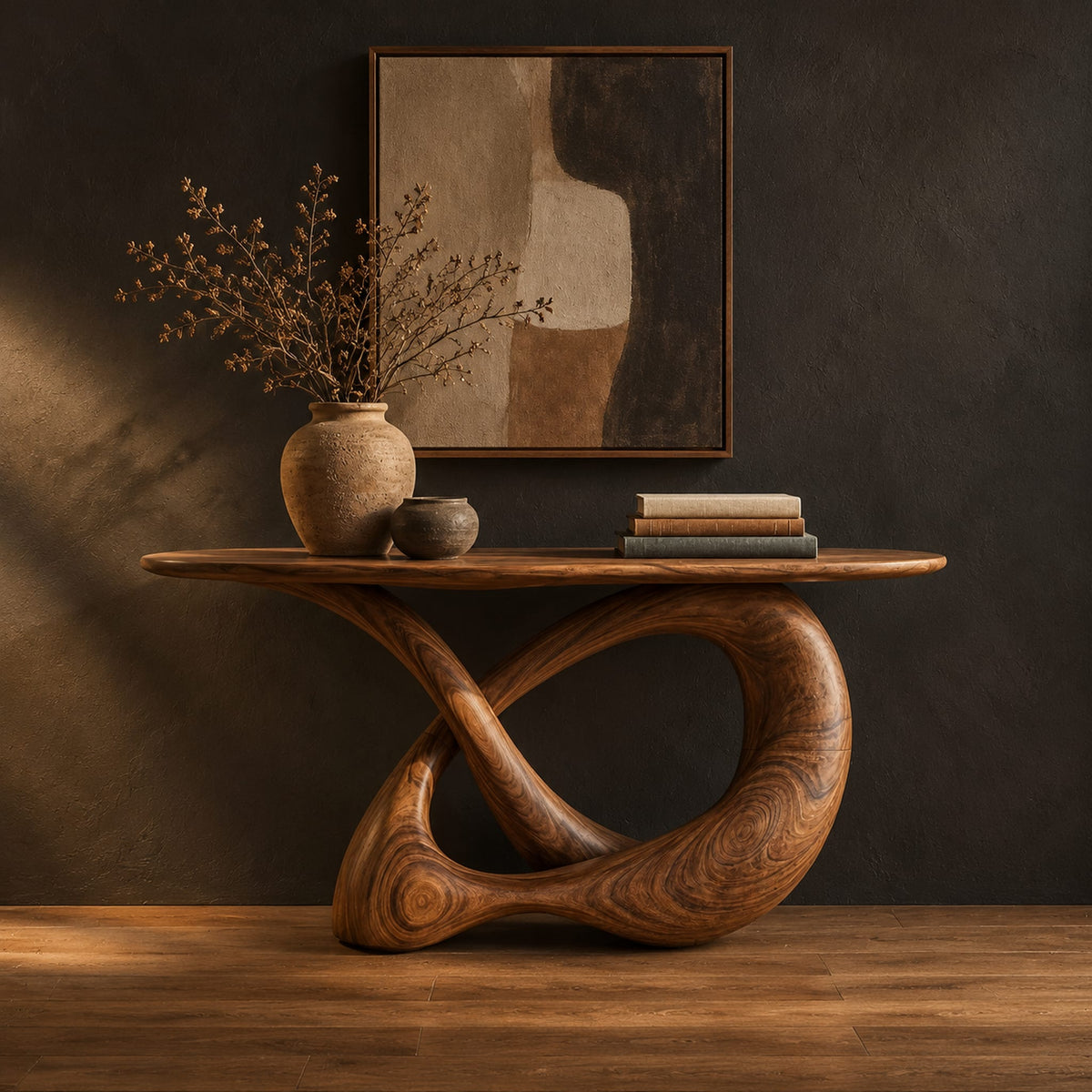 Console table with a twisted knot loop base and an oval top in a dark studio against a charcoal plaster wall