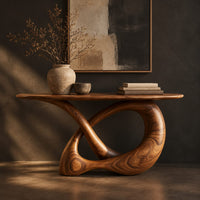 Console table with a twisted knot loop base and an oval top, three-quarter view showing the grain