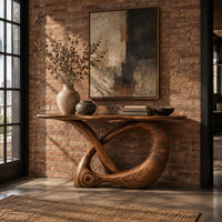 Console table with a twisted knot loop base and an oval top in an industrial loft entryway with exposed brick