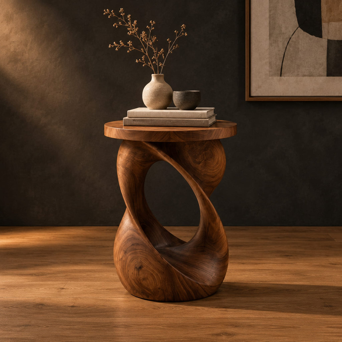 Side table with a circular top on a twisted open loop base in a dark studio against a charcoal plaster wall