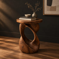 Side table with a circular top on a twisted open loop base, three-quarter view showing the grain
