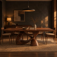 Dining table with a rectangular top on a twisted loop pedestal in a dark dining room at golden hour