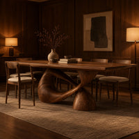 Dining table with a rectangular top on a twisted loop pedestal in an evening dining room with walnut wall paneling