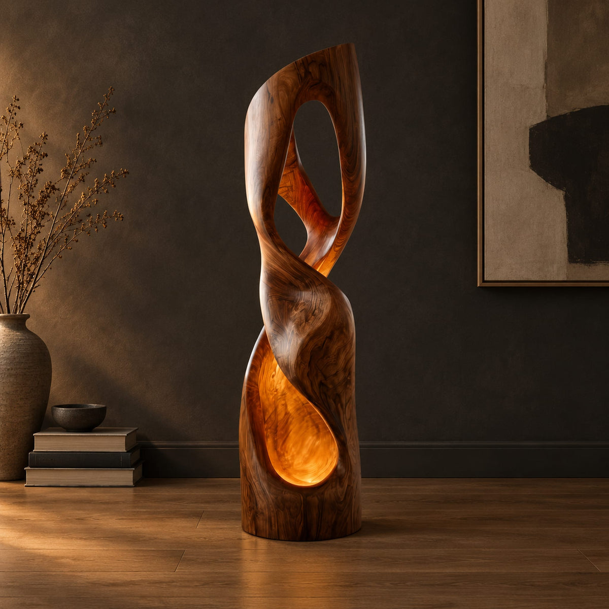Twisted floor lamp with open loops and a glowing hollow base in a dark studio against a charcoal plaster wall