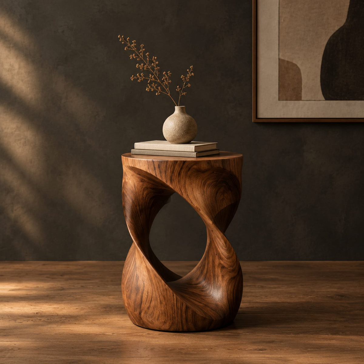Twisted hourglass side table with an open loop through its body in a dark studio against a charcoal plaster wall