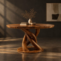 Circular wooden dining table with a twisting braided pedestal on a disc base, three-quarter view showing the grain