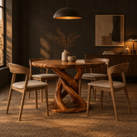 Circular wooden dining table with a twisting braided pedestal on a disc base in a dark dining room at golden hour