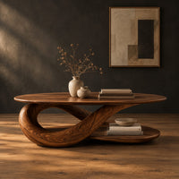 Oval coffee table on a twisted ribbon base with a flat oval shelf below in a dark studio against a charcoal plaster wall
