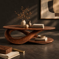 Corner detail of oval coffee table on a twisted ribbon base with a flat oval shelf below beside wood, brass and linen samples