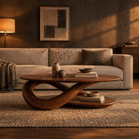 Oval coffee table on a twisted ribbon base with a flat oval shelf below in a dark living room at golden hour