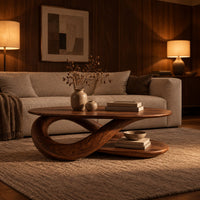 Oval coffee table on a twisted ribbon base with a flat oval shelf below in an evening living room with walnut wall paneling