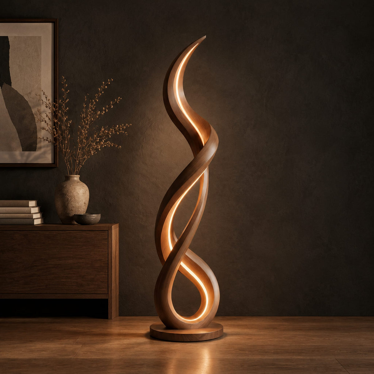 Floor lamp of twisting wooden ribbon with a glowing loop at the base in a dark studio against a charcoal plaster wall
