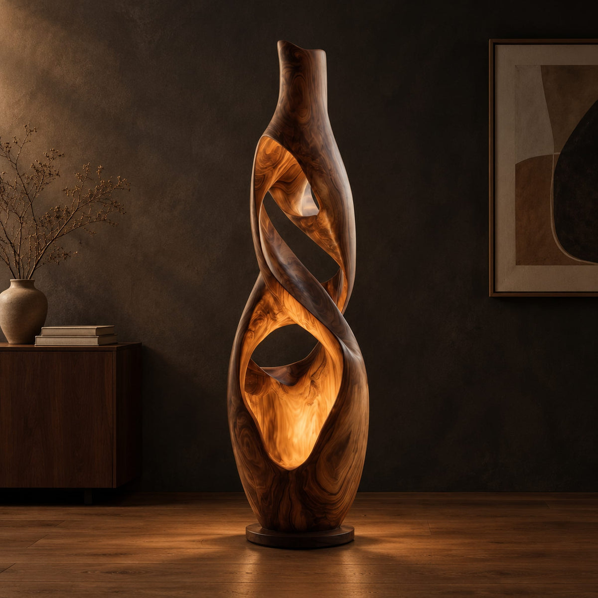 Floor lamp shaped as a twisting vase with open ribbon cutouts that glow in a dark studio against a charcoal plaster wall
