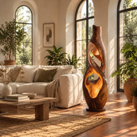 Floor lamp shaped as a twisting vase with open ribbon cutouts that glow in a bright living room with arched windows and plants