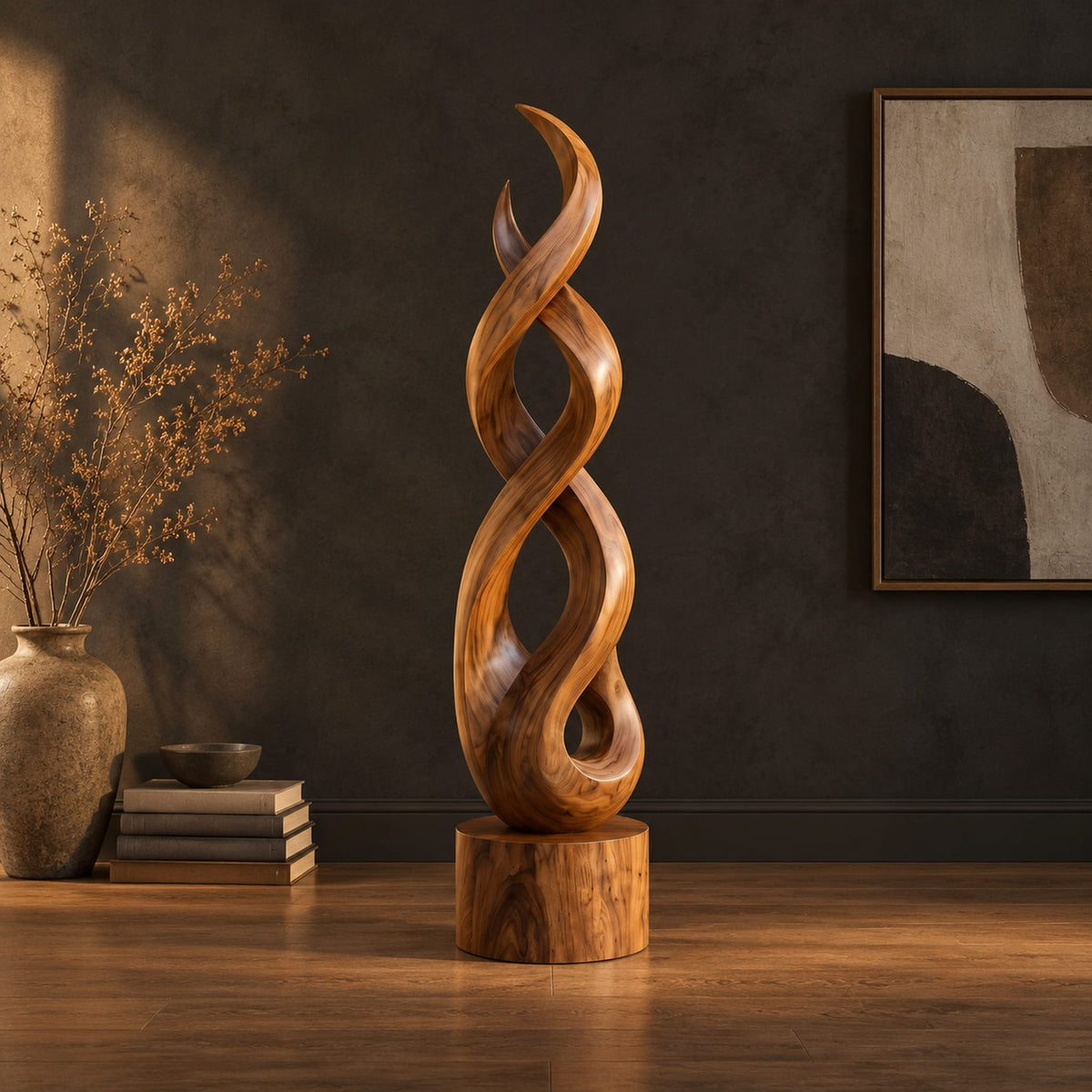 Twisted wood sculpture of intertwined ribbons on a short cylinder base in a dark studio against a charcoal plaster wall