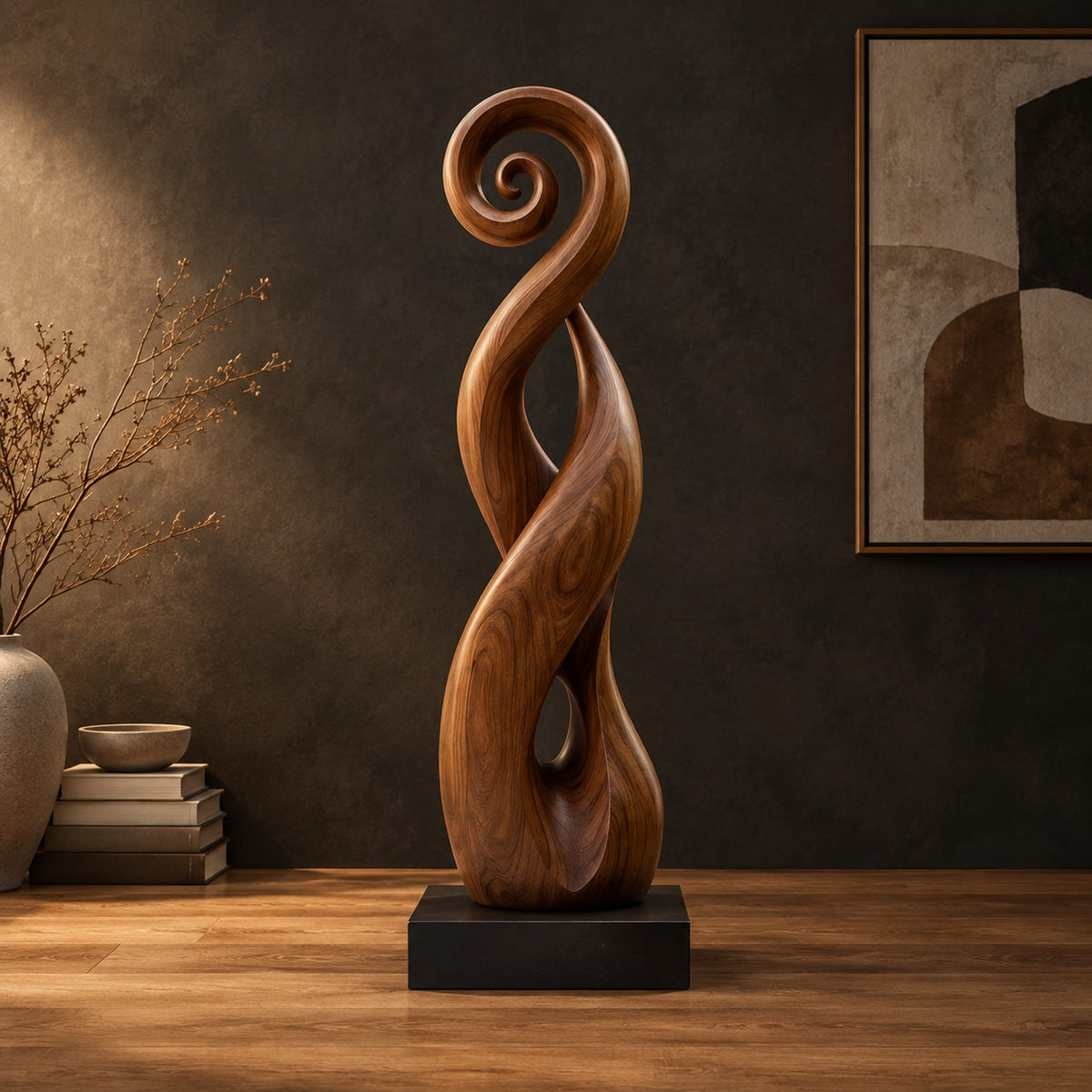 Twisted ribbon sculpture with open loops, a spiral top and a dark base in a dark studio against a charcoal plaster wall