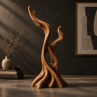Twisted root style sculpture with an open hollow and two flame shaped tips, three-quarter view showing the grain
