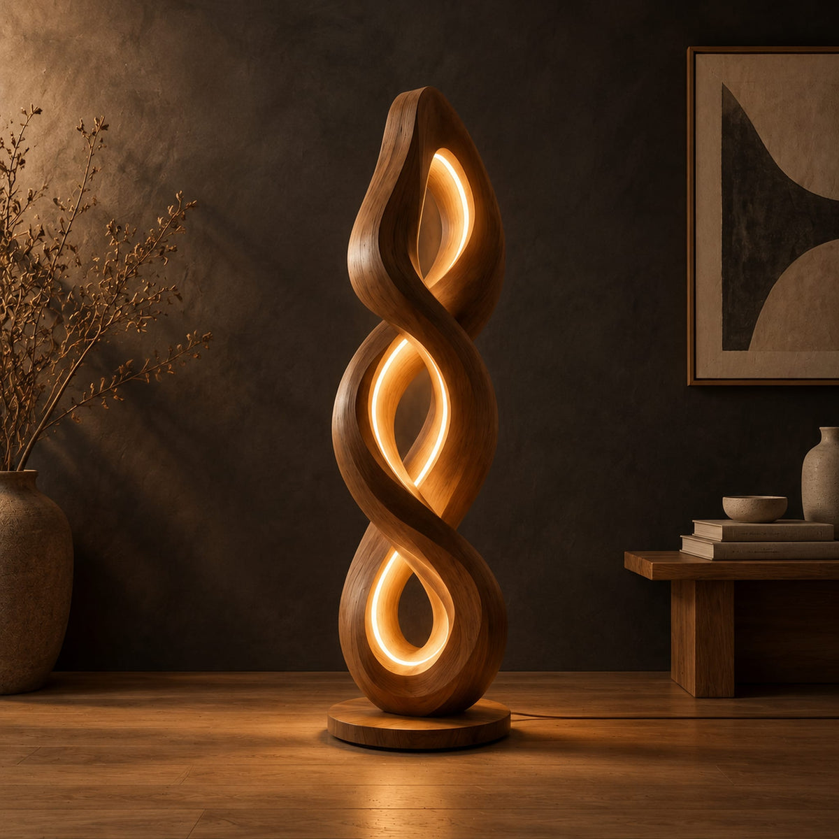 Twisted spiral floor lamp with three glowing loops on a disc base in a dark studio against a charcoal plaster wall