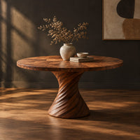 Circular dining table with a twisted spiral hourglass pedestal, three-quarter view showing the grain
