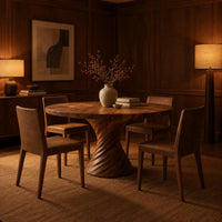 Circular dining table with a twisted spiral hourglass pedestal in an evening dining room with walnut wall paneling