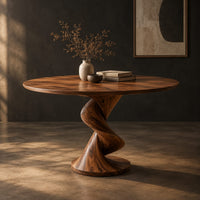 Round dining table with a twisting spiral pedestal on a circular foot, three-quarter view showing the grain