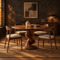 Round dining table with a twisting spiral pedestal on a circular foot in a dark dining room at golden hour