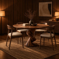 Round dining table with a twisting spiral pedestal on a circular foot in an evening dining room with walnut wall paneling