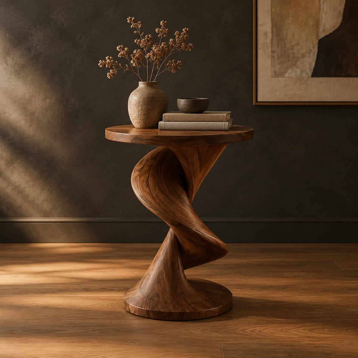 Round side table with a twisting spiral pedestal and a flared base in a dark studio against a charcoal plaster wall
