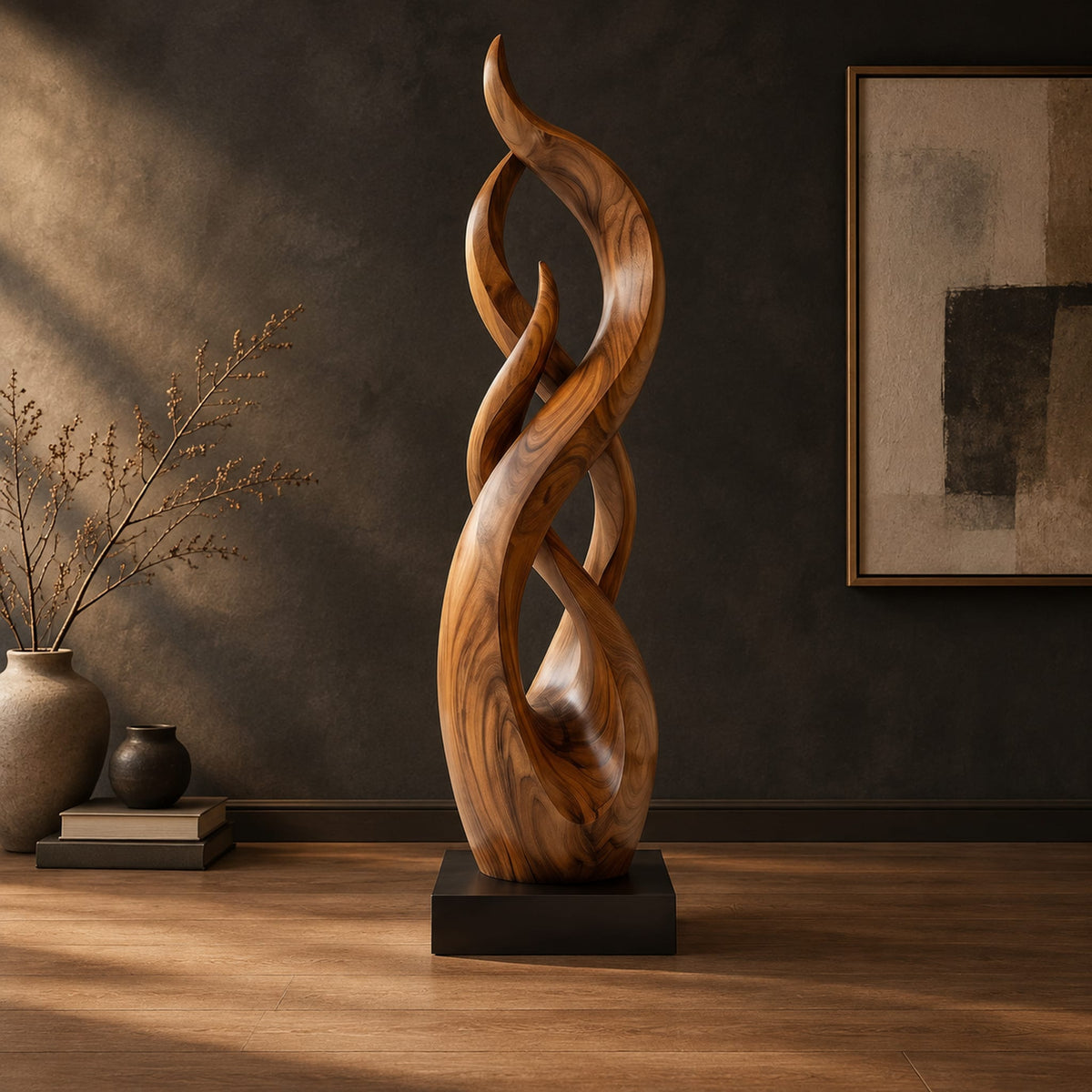 Twisting flame shaped sculpture with braided open loops on a square block base in a dark studio against a charcoal plaster wall