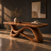 Desk with a smooth top on a twisting ribbon base with an open loop, three-quarter view showing the grain