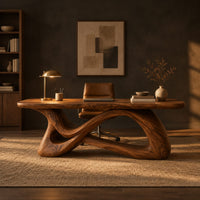 Desk with a smooth top on a twisting ribbon base with an open loop in a dark home office at golden hour