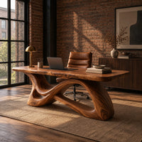 Desk with a smooth top on a twisting ribbon base with an open loop in an industrial loft home office with exposed brick