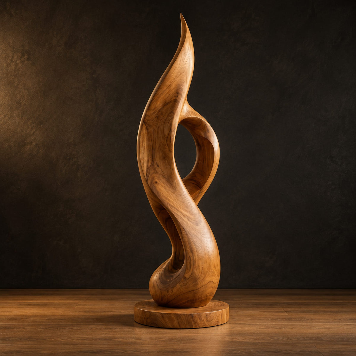 Tall twisting flame sculpture with an open loop on a flat disc base in a dark studio against a charcoal plaster wall