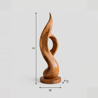 Twisting Ribbon Flame Sculpture With Open Loop And Disc Base dimension diagram with width, height and depth