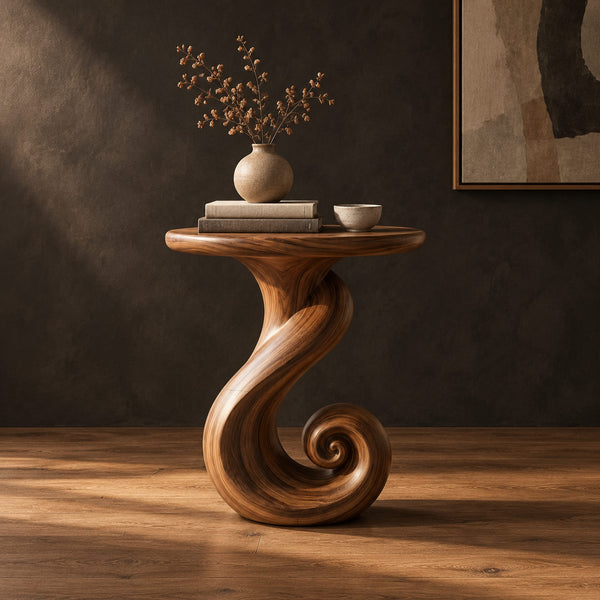 Twisting Ribbon Pedestal Side Table With Round Top And Spiral Foot