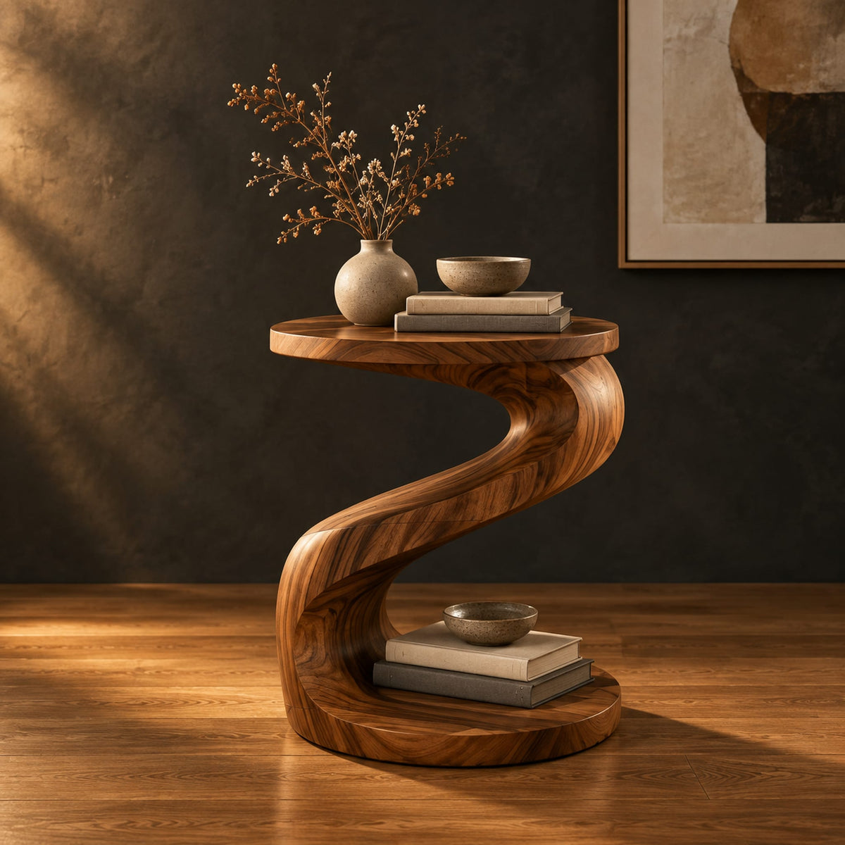 Twisting s shape side table with a circular top and wide disc base in a dark studio against a charcoal plaster wall