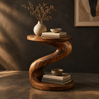 Twisting s shape side table with a circular top and wide disc base, three-quarter view showing the grain