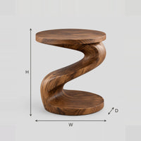 Twisting S Shape Side Table With Circular Top And Disc Base dimension diagram with width, height and depth